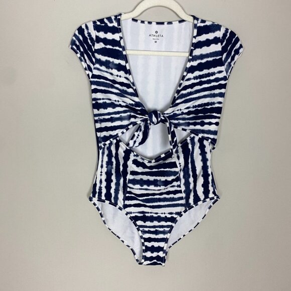 Athleta Wave Break One Piece Swimsuit Tie Dye Womens Medium Blue Cutout Knot - Picture 2 of 8